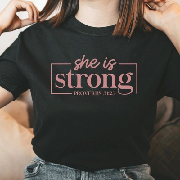 She is strong Proverbs 31:25 verse Unisex T-shirt Faith based Graphic - Picture 2 of 4